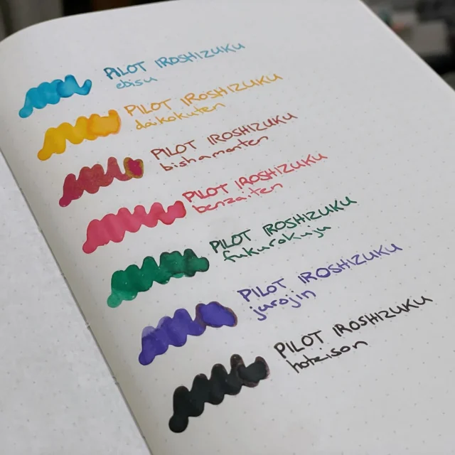 Inspired by @inktipodes I did a bit of swatching. A page for Pilot Iroshizuku 100th anniversary inks, and some random shimmer inks that I own. Check out all the shimmer in that wet whisky swatch 🤎🤩
#fountainpens #fountainpenink